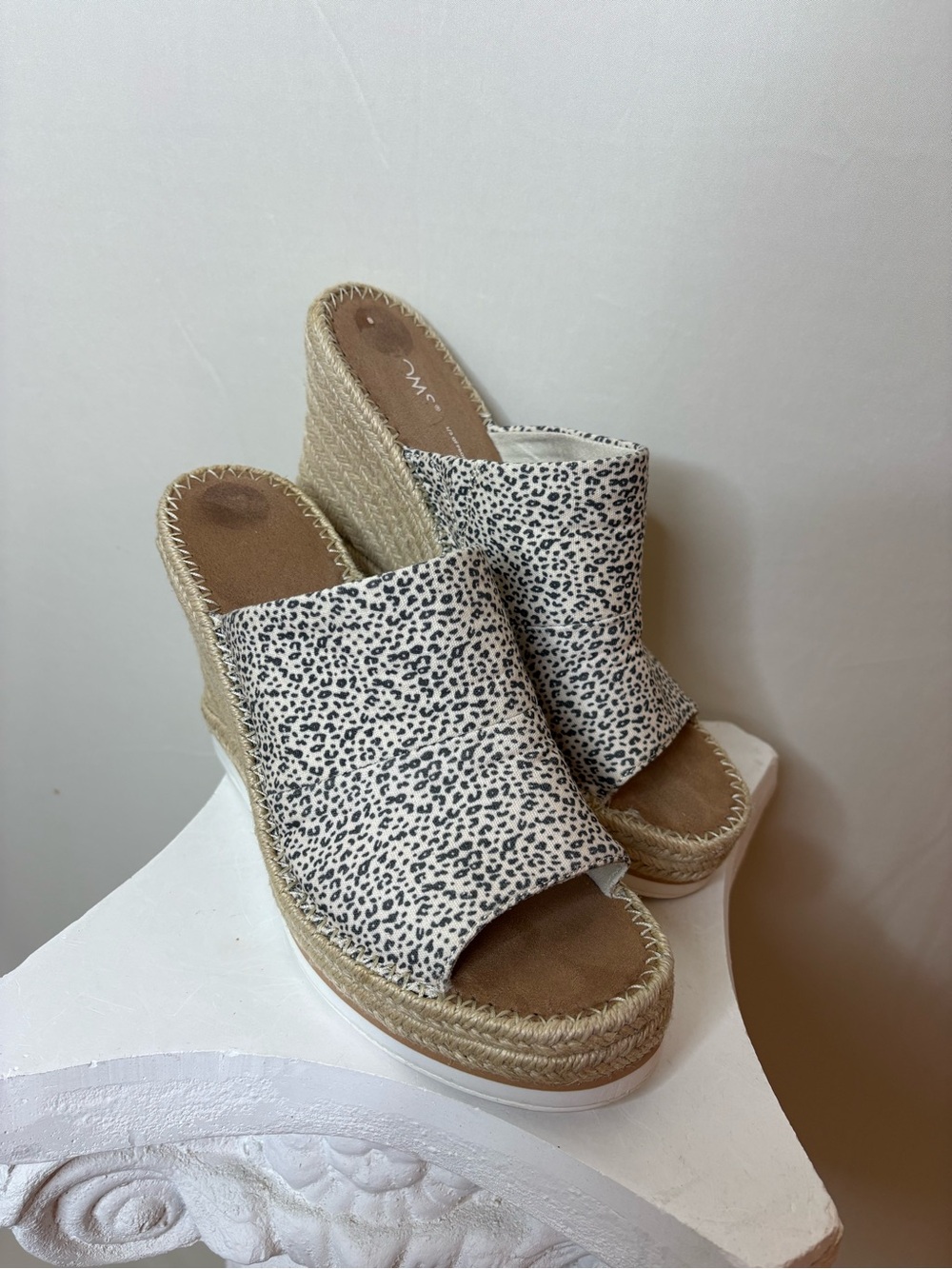 Toms Cream and Black Leopard Wedge Espadrille